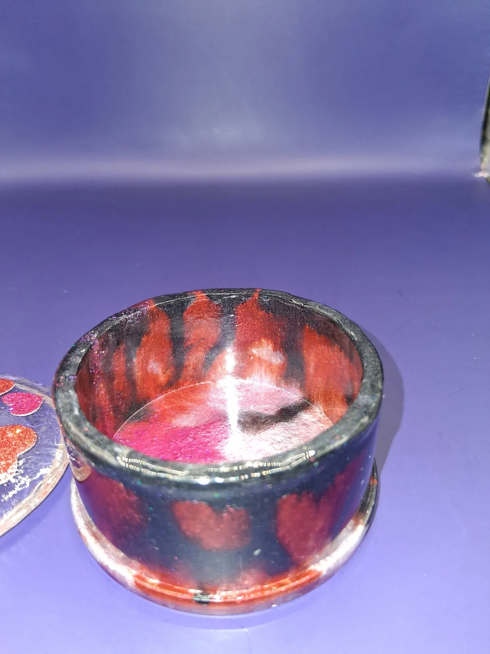 Handmade Round Trinket Box with Red Glitter Heart Accents